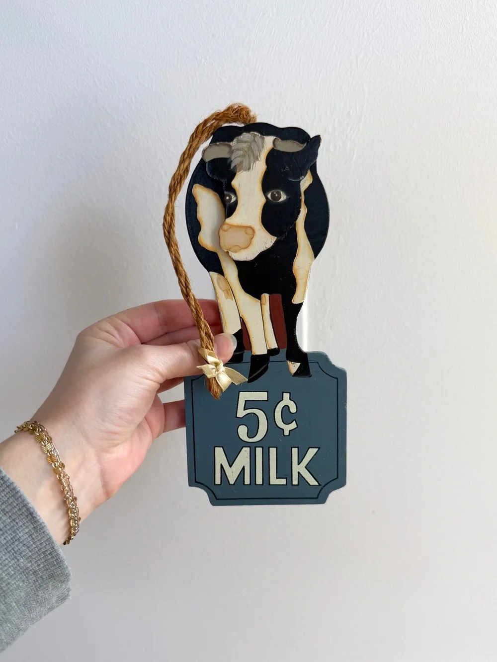 Vintage 5¢ Milk Cow Wooden Wall Hanging Blue Sign Farmhouse Kitchen Dairy Decor